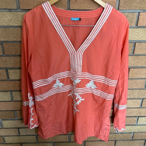 J. McLaughlin Embroidered Tunic Blouse Silk Blend Orange Long Sleeve Size 8 - Picture 1 of 6